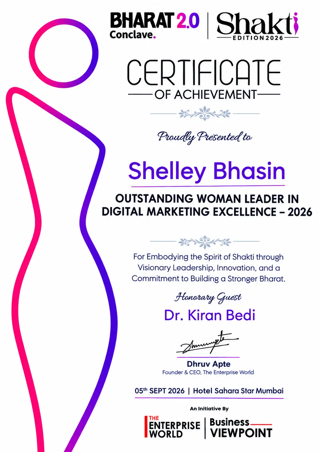 Outstanding Woman Leader in Digital Marketing Excellence 2026 certificate